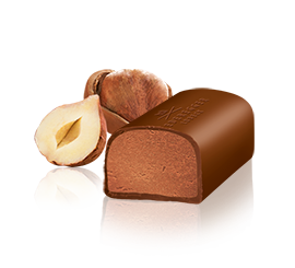 Ein Nuss Nougat Klassiker mit Schokolade ummantelt im Querschnitt