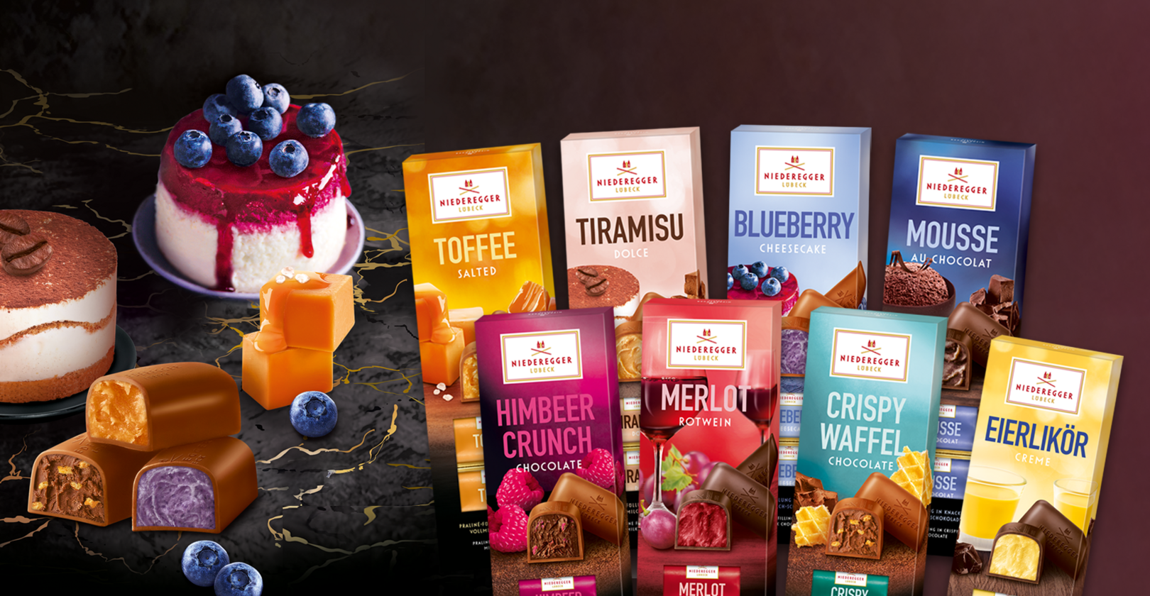 Neue Range an Pralinen Klassikern Toffe Salted, Tiramisu, Blueberry Cheesecake, Mousse Au Chocolate, Merlot, Himbeer Crunch, Crispy Waffel und Lakritz