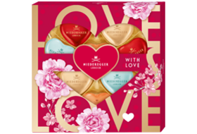 Die Meisterselektion Herzen "With Love" im rotem Design mit goldener Schrift "Love" und Blumen drauf.