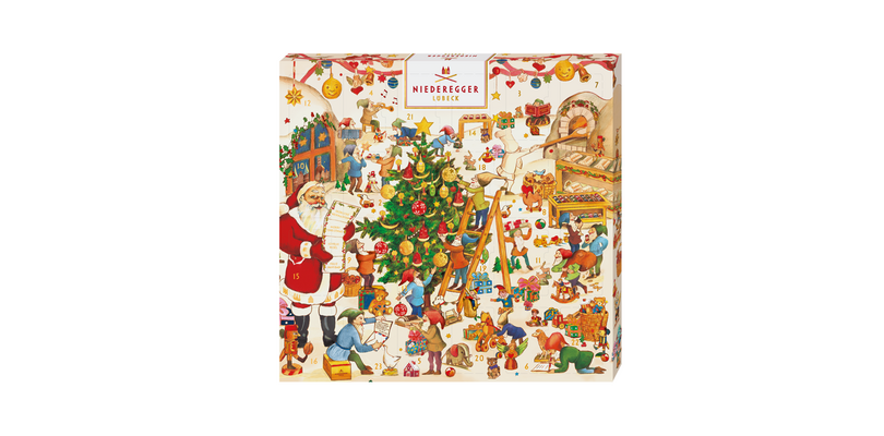 Niederegger Wichtel Kalender Minis im weihnachtlichem Design mit Tannenbaum, Geschenken und Weihnachtsmann